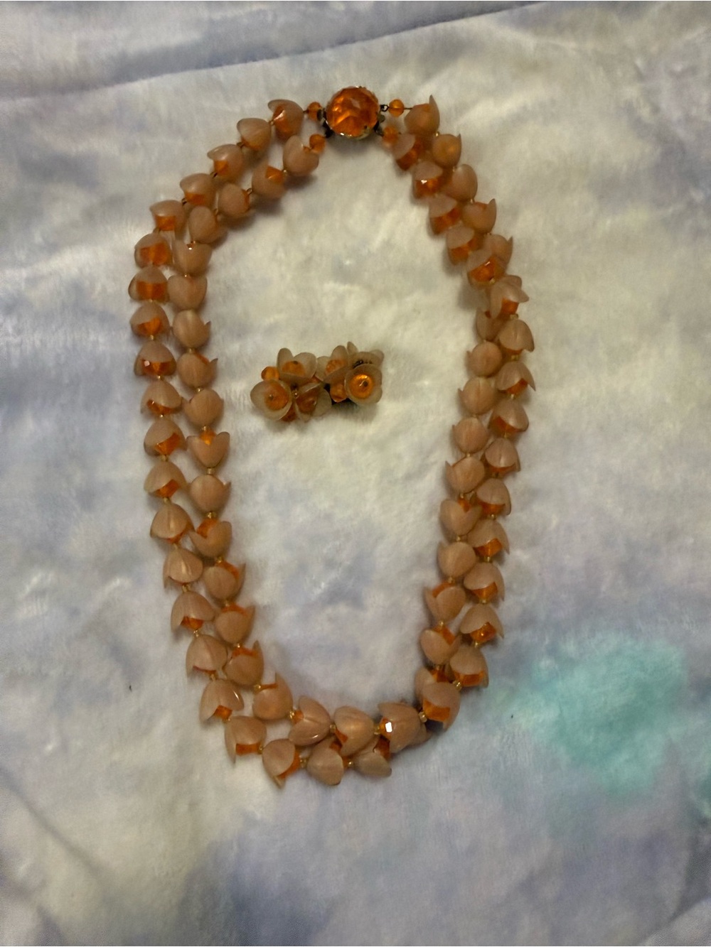Double-Strand Orange Beaded Necklace with Matching Clip Earrings 1950’s